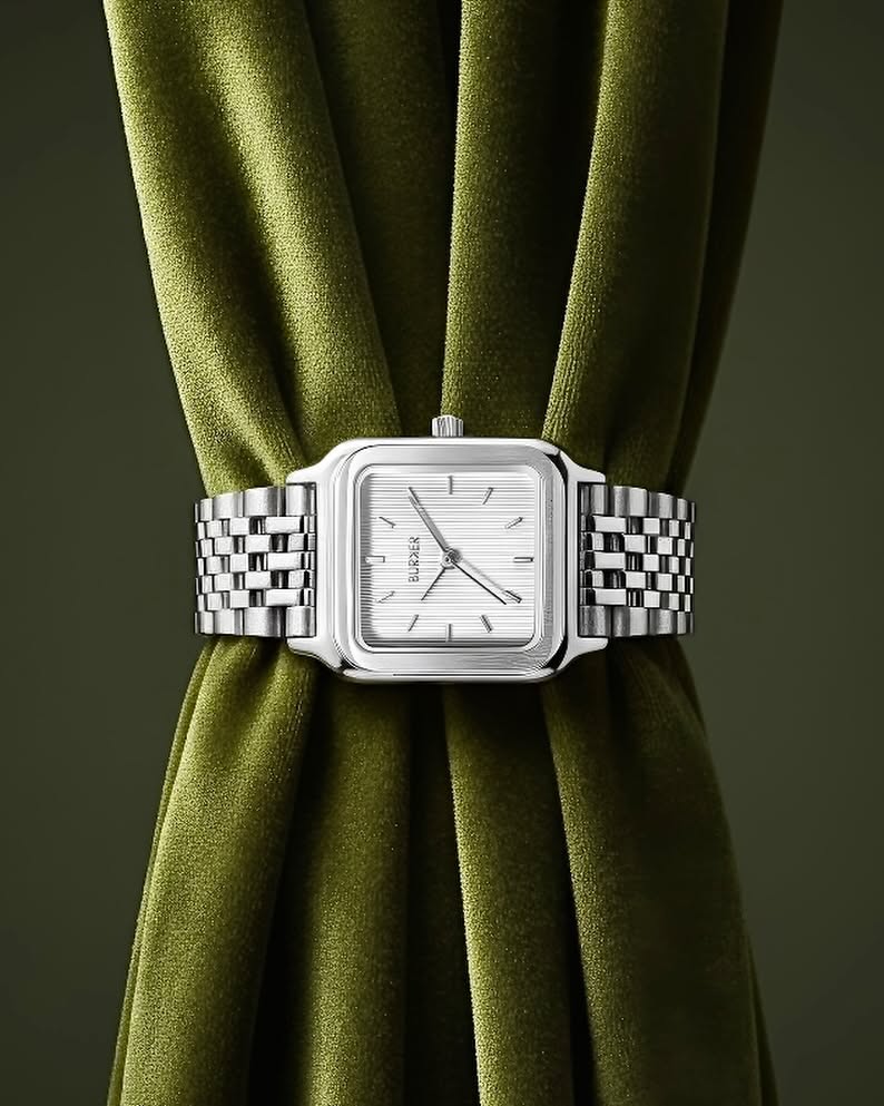Square Silver Watch on Olive Velvet Product Photography Prompt