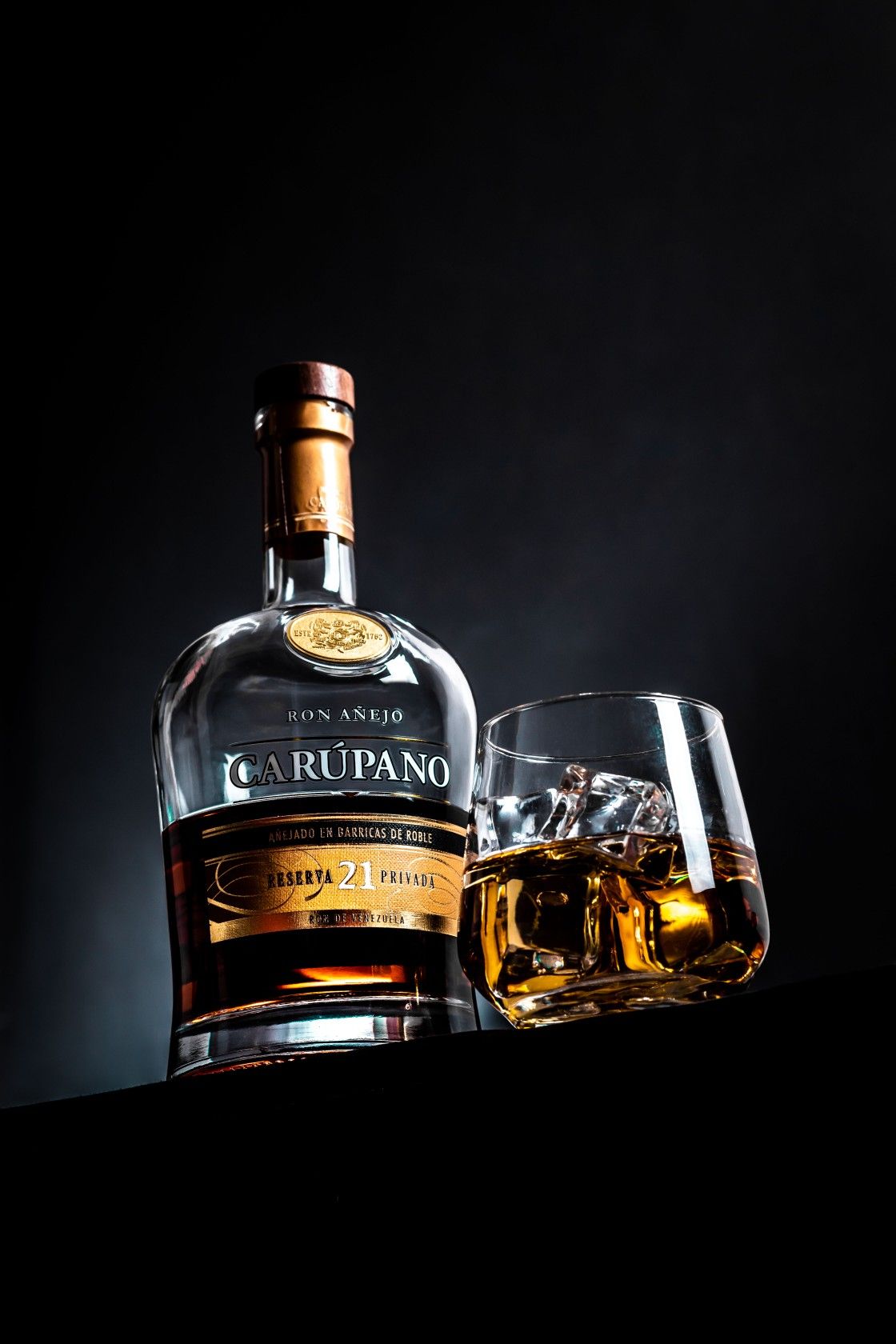 Luxury Rum Bottle and Glass Product Photography Prompt