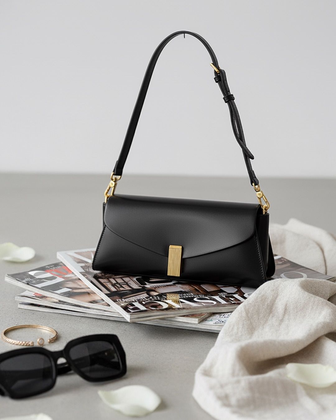 Luxury Black Leather Handbag Studio Photoshoot Prompt