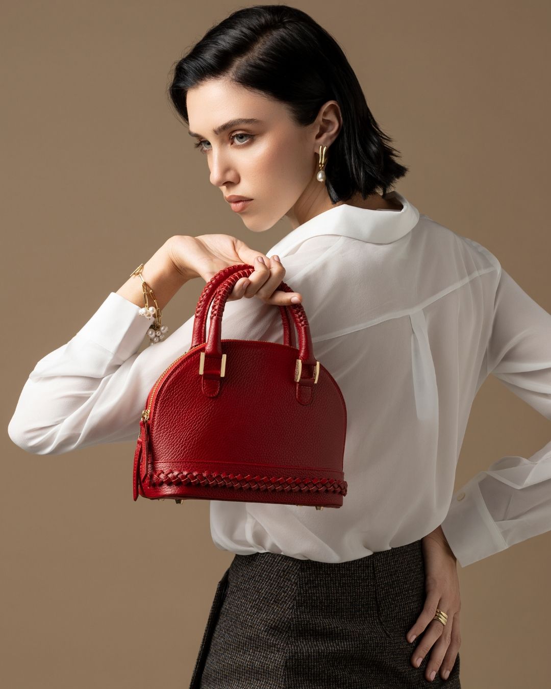 Red Leather Dome Handbag Luxury Photoshoot Prompt
