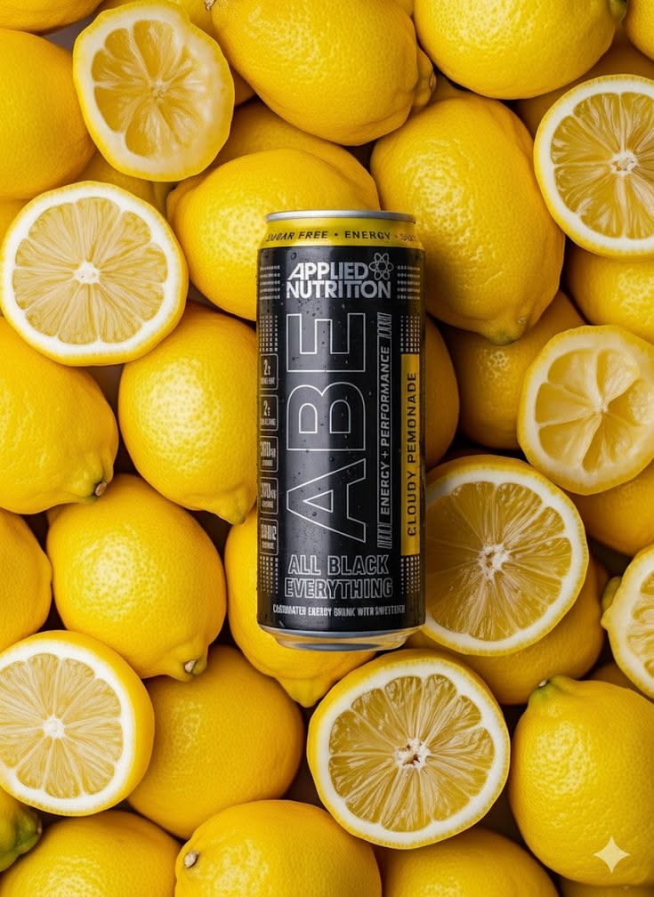 Energy Drink Can on Fresh Lemons Product Photography Prompt