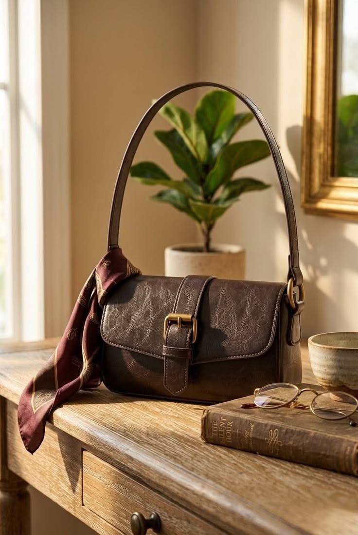 Vintage Leather Shoulder Bag Product Photography Prompt