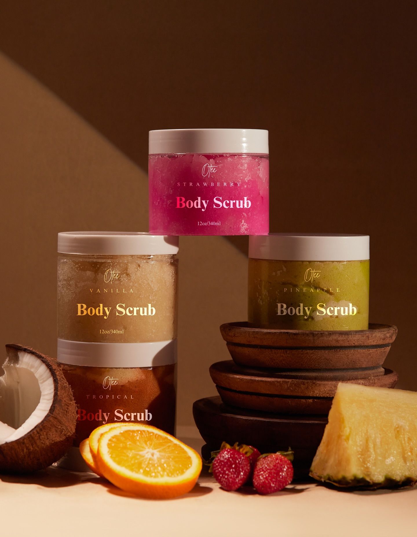 Fruit Body Scrub Jar Collection Product Photography Prompt