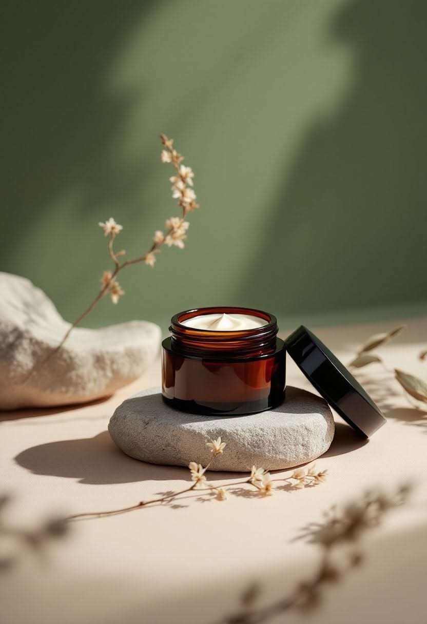 Amber Glass Cream Jar Skincare Product Photography Prompt