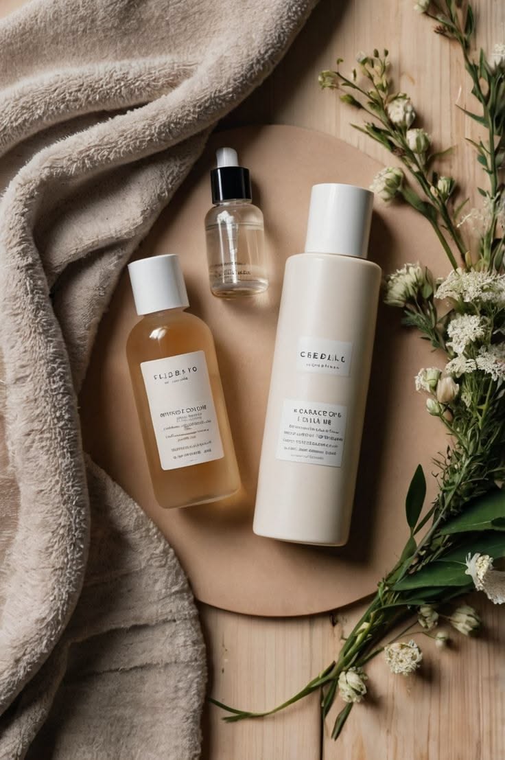 Natural Skincare Bottle Trio Flat Lay AI Prompt