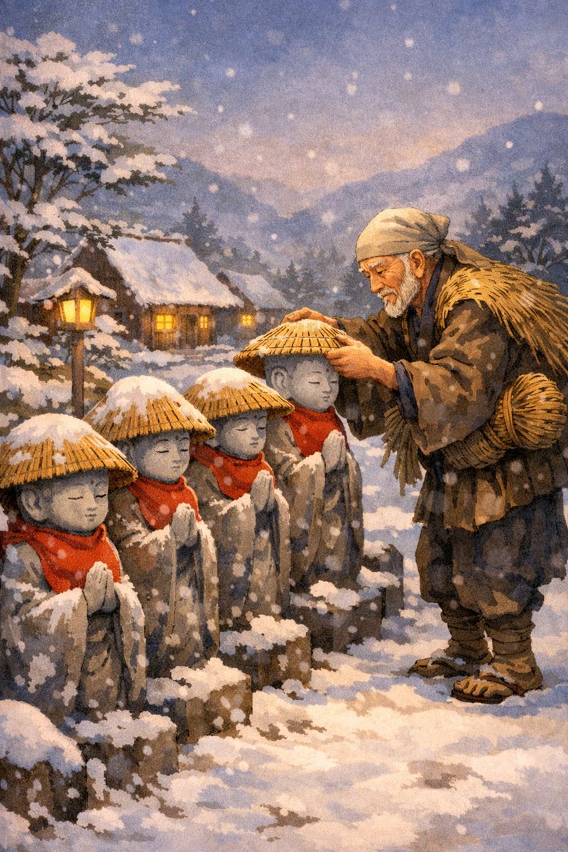 Kasa Jizo Folktale Illustration Prompt