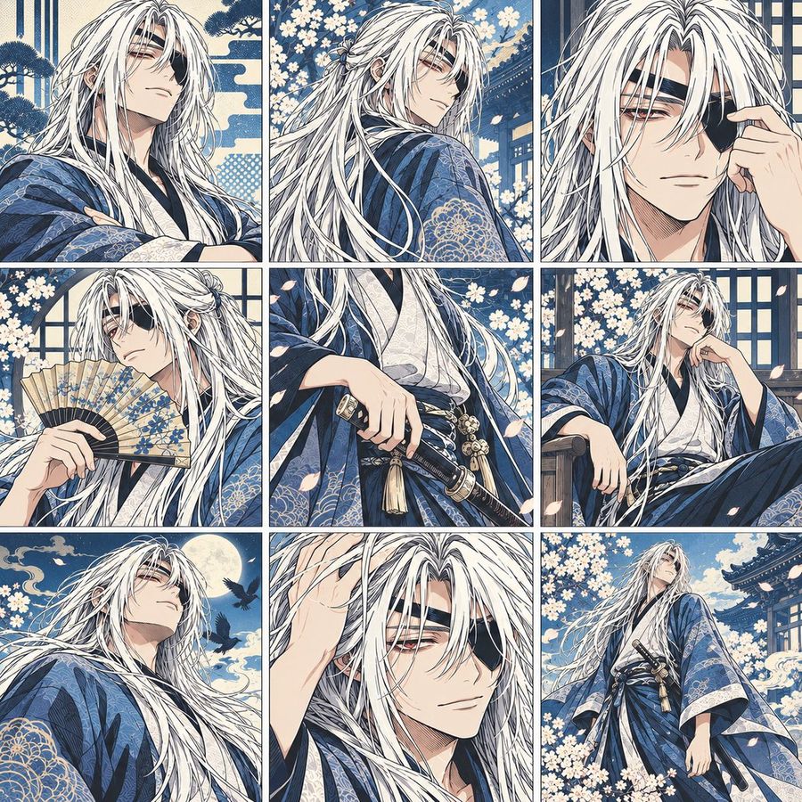 Nine-Panel White-Haired Samurai Pose Sheet
