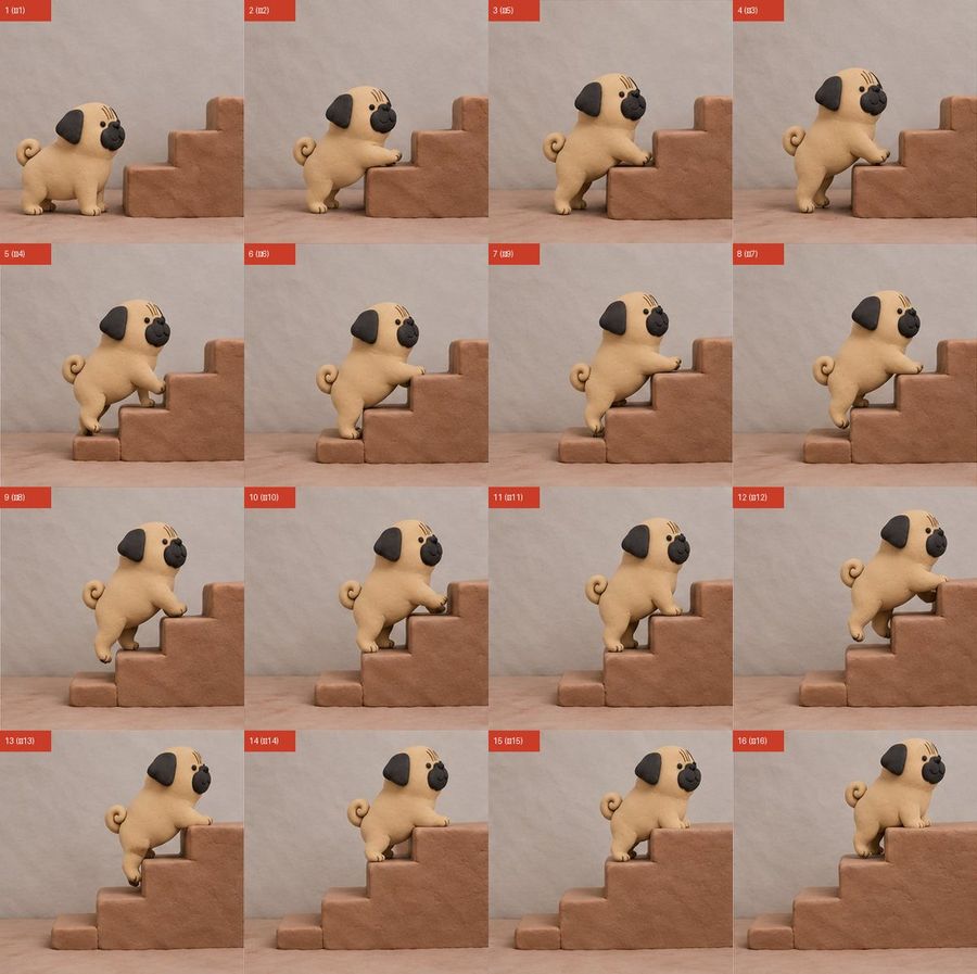 Claymation Pug Stair Climb Contact Sheet