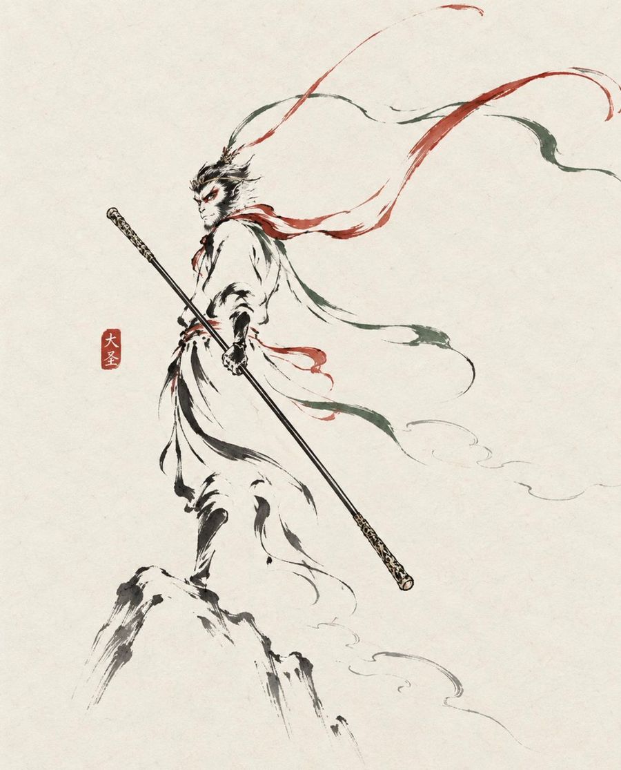 Ink Wash Monkey King Poster
