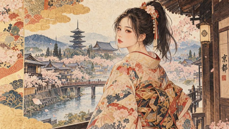 Kyoto Kimono Spring Illustration