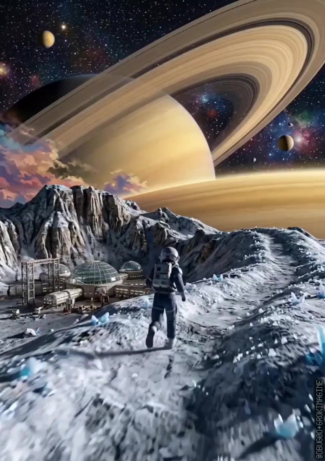 Astronaut on Ice Moon with Shooting Star