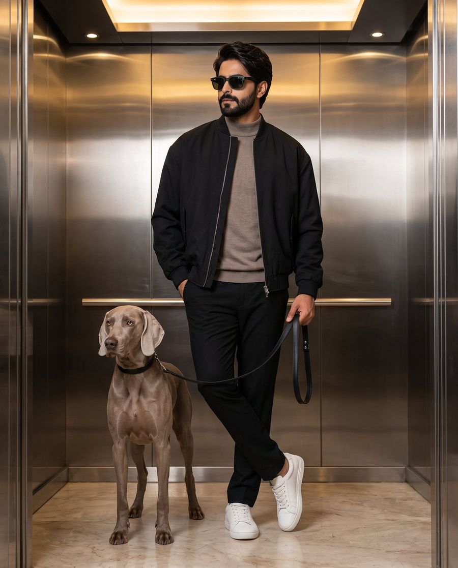 Stylish Man with Weimaraner in Modern Elevator