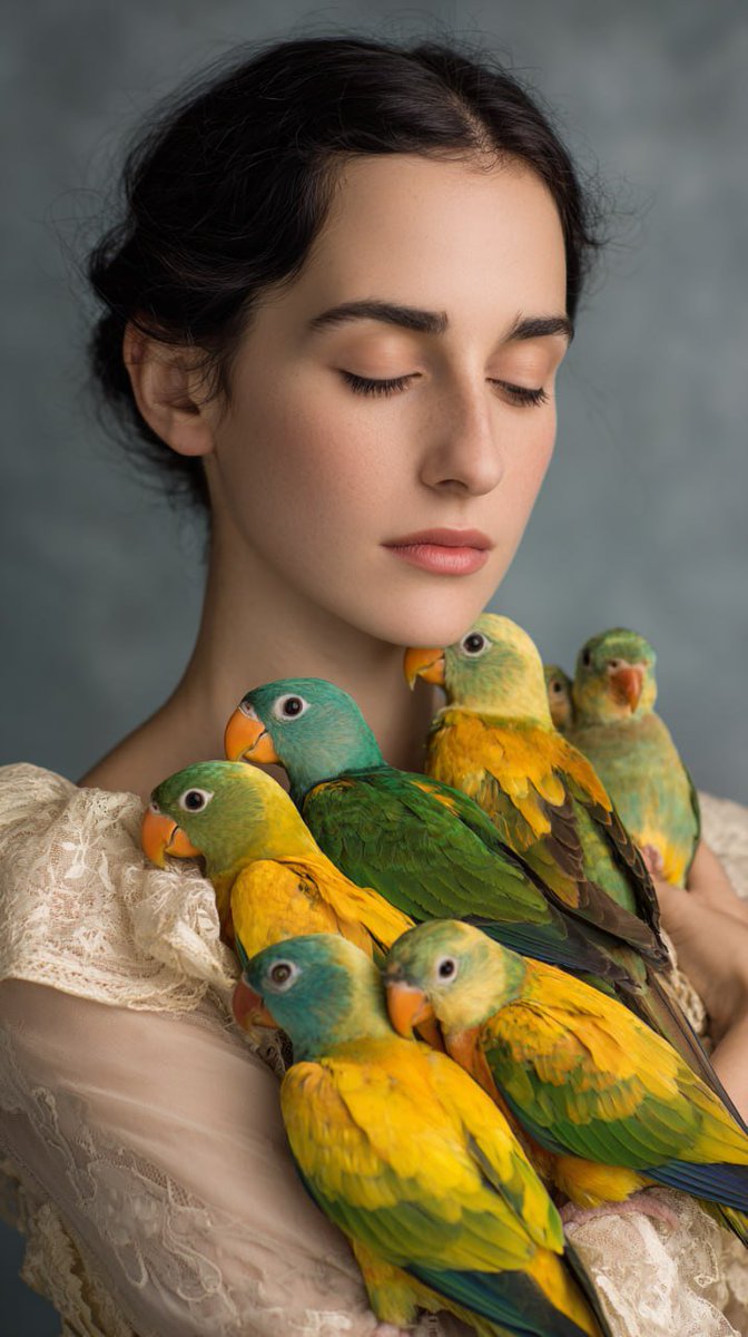 Woman with Teal and Yellow Parrots