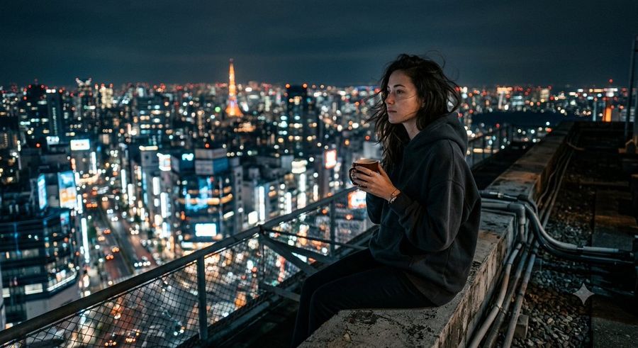 Night City Rooftop Cinematic Portrait