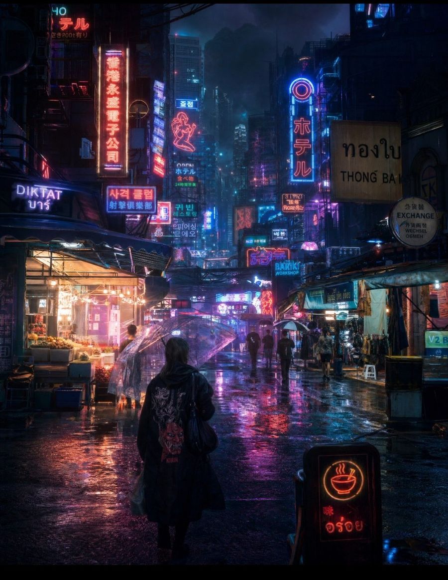 Cyberpunk Rainy Night Market