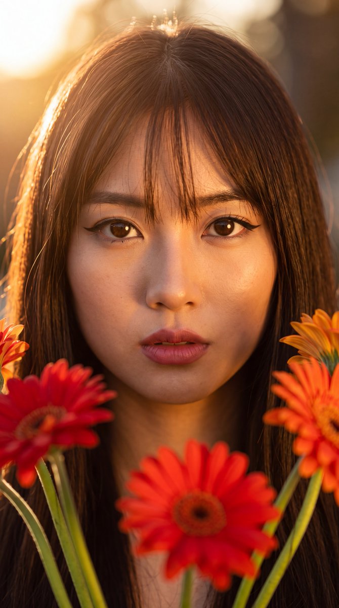 East Asian Woman with Gerbera Flowers